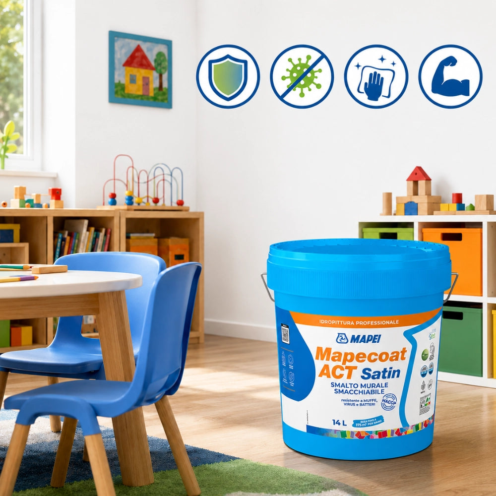 Mapei mapecoat act satin smalto murale lavabile antimuffa e antibatterico *** formato 14 lt, confezione 1