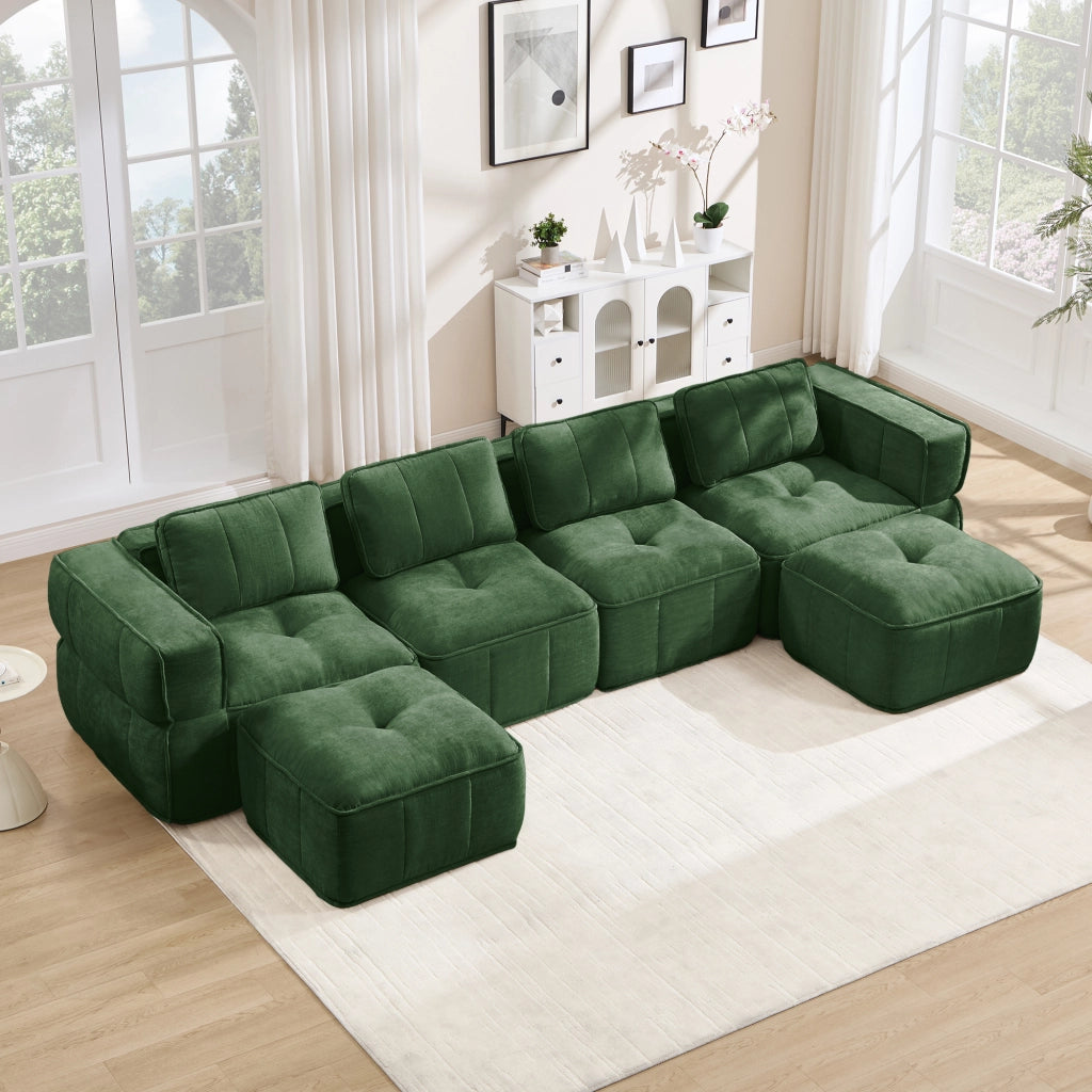 Divano panoramico a U modulare 4 posti senza struttura con 2 pouf in poliestere verde per soggiorno