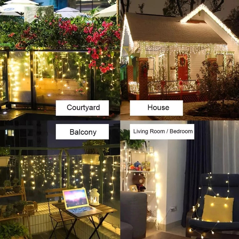 Tenda luminosa natale con 380 LED da 10mt prolungabile a luce calda fissa con flash bianchi intermittente per balcone facciate