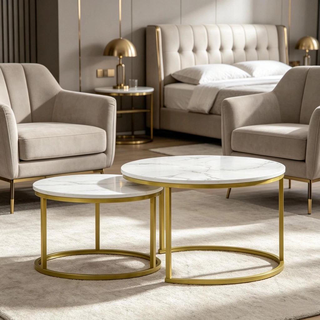 TAVOLINO DA SALOTTO Set da 2 pezzi rotondo Ø 74/59 cm Bianco Oro