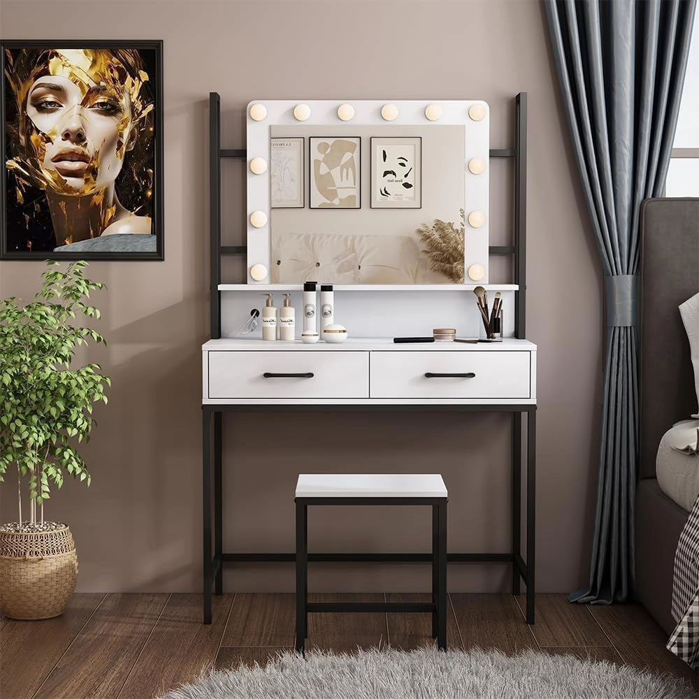 Tavolo da toilette Luvia, Bianco, 90 cm Con illuminazione a LED e sgabello, con grande specchio e striscia LED regolabile senza interruzioni