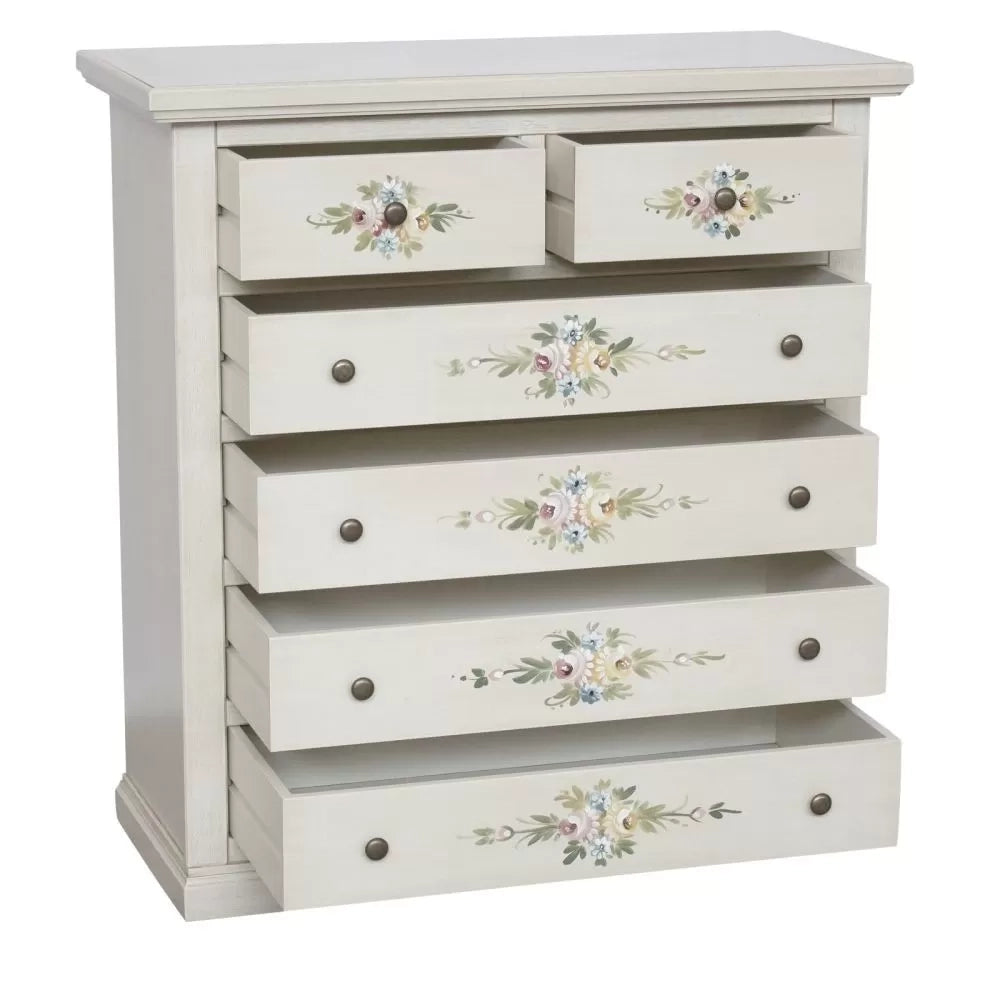 Cassettiera 6 cassetti in legno shabby bianco anticato decorato 86x40x96 - Mobili 2G