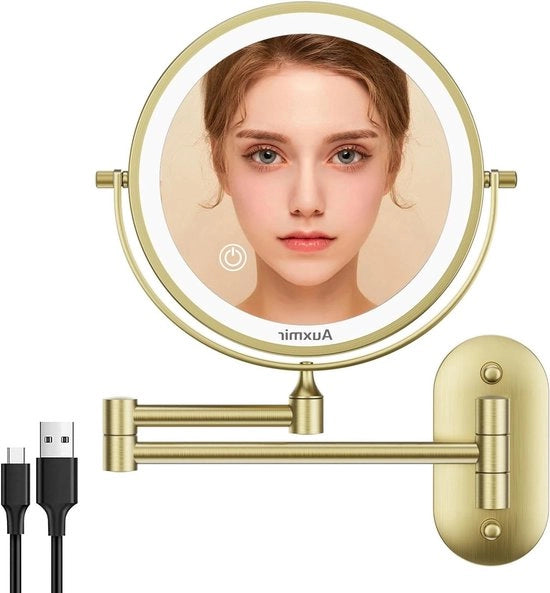 Specchio da trucco a muro da 17cm con ingrandimento 1X/20x - Spiegel 3 colori a rotazione con illuminazione regolabile - Spiegel da barba estendibile - Finestra in oro