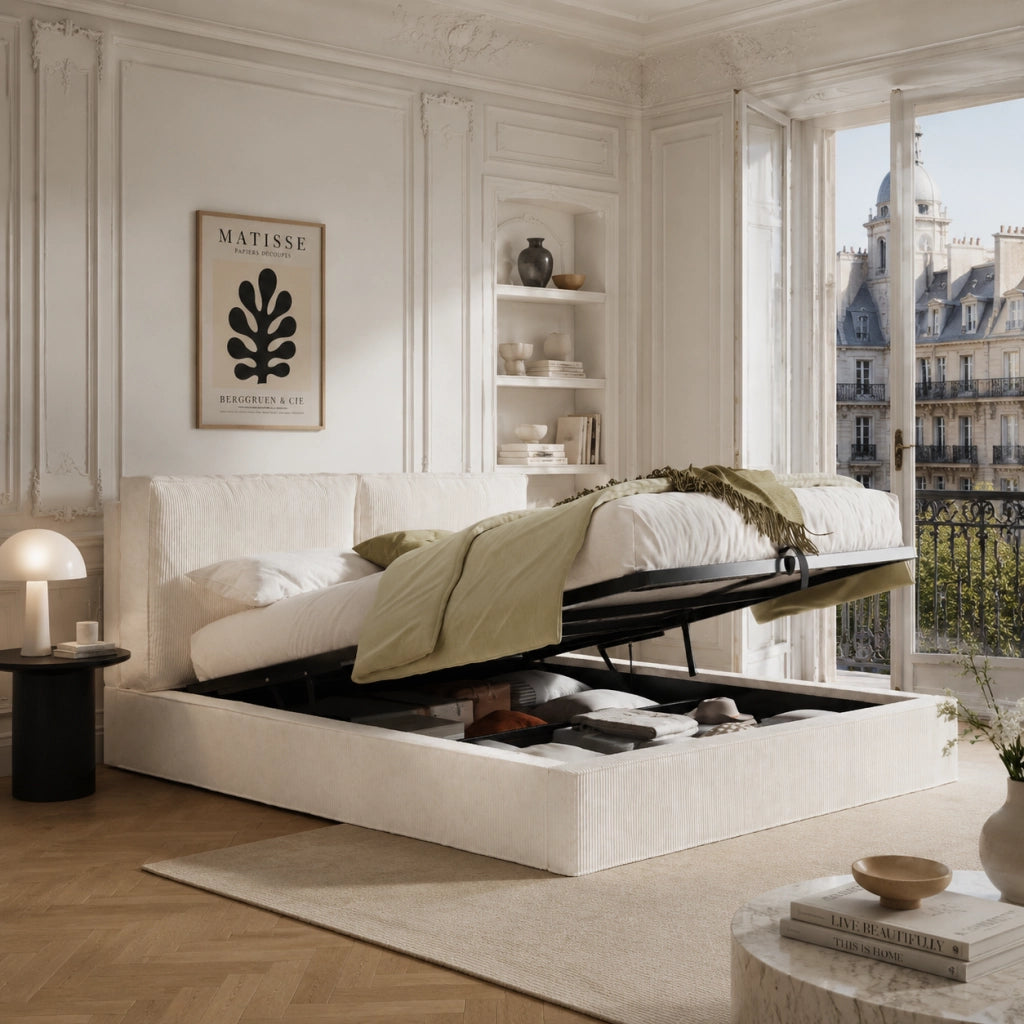 Letto contenitore matrimoniale 180 × 200 cm con sollevamento idraulico, senza materasso, in cord, beige