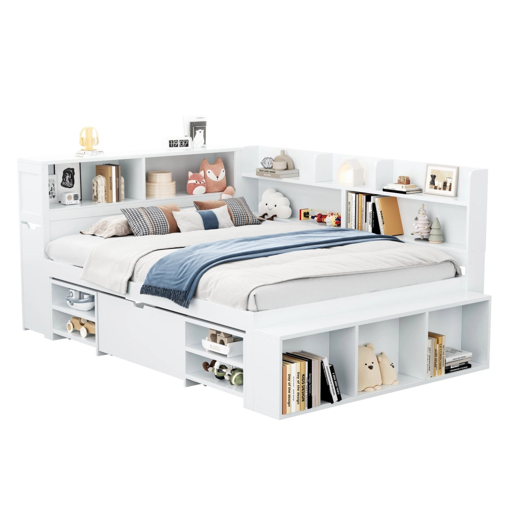 Letto bambino multifunzione con cassetti e ripiani, 140x190 cm, bianco