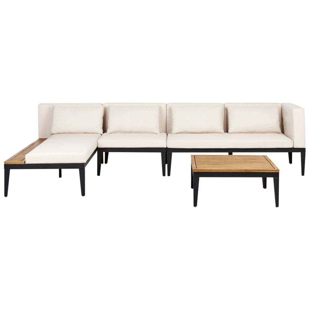 Set da giardino 3 posti in legno di acacia certificato con divano angolare tavolino e cuscini beige chiaro lato destro