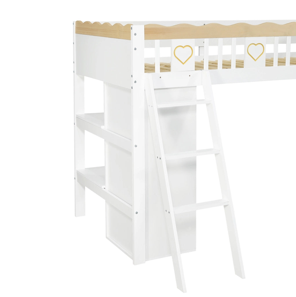 Letto a soppalco 90x200 cm con scivolo; guardaroba e vano contenitore in legno e MDF bianco naturale