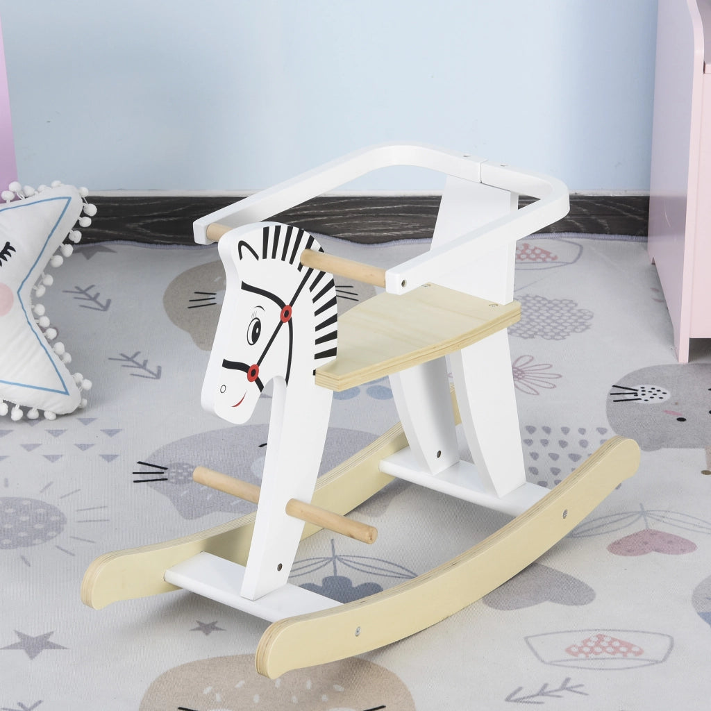Cavallo a Dondolo Zebra ¨C Zephmum ¨C Legno Naturale con Maniglie e Anello di Sicurezza