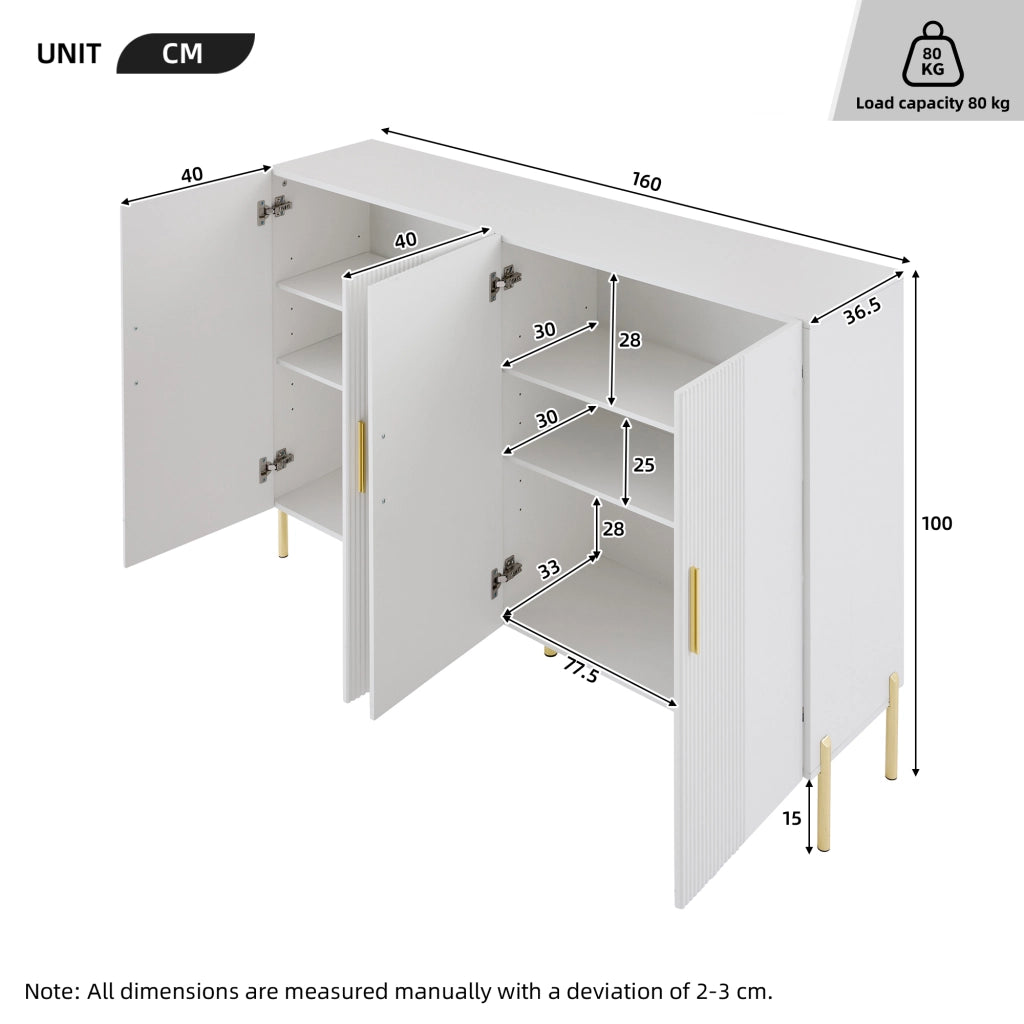 Madia con 4 Ante e 4 Ripiani Regolabili; Stile Minimalista; in Pannelli di Particelle; 160×35×100 cm; Bianco
