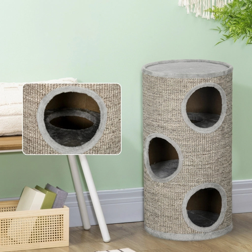 Tiragraffi a Torre per Gatti a 3 Livelli in Sisal e Peluche; Ø38x70 cm; Grigio Chiaro