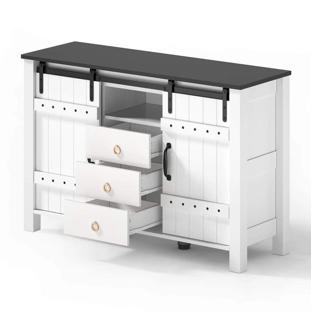 Credenza Sideboard da 120 cm con 2 porte scorrevoli e 3 cassetti, bianca, in MDF, stile rustico moderno