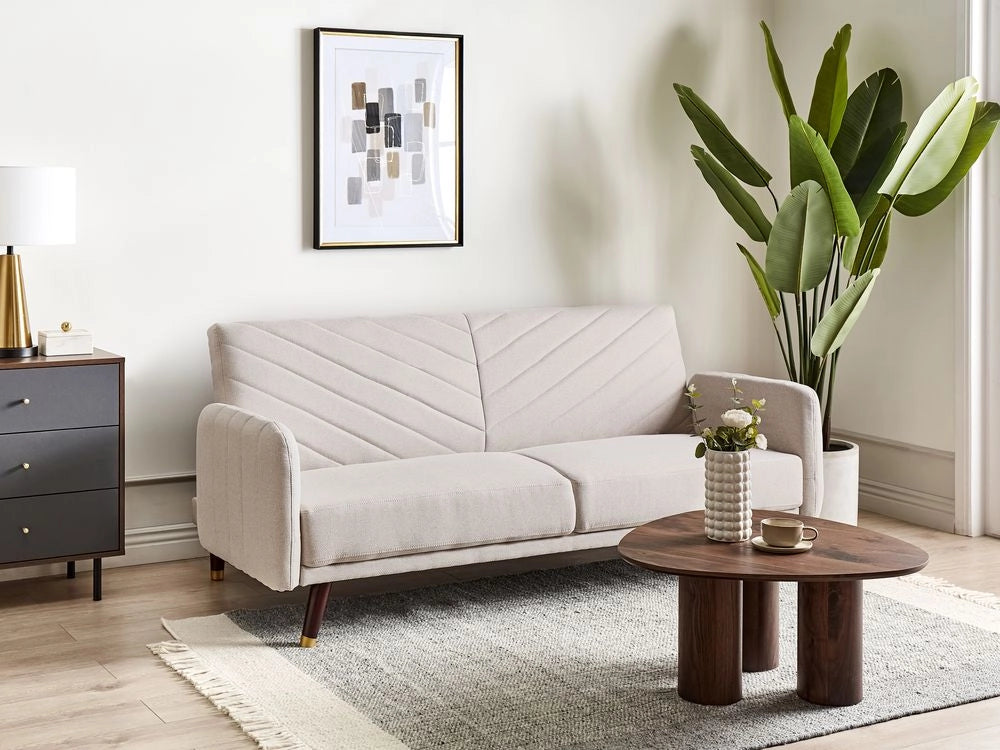 Divano letto beige chiaro in tessuto di finto lino Soggiorno moderno 3 posti Gambe in legno Braccio a binario