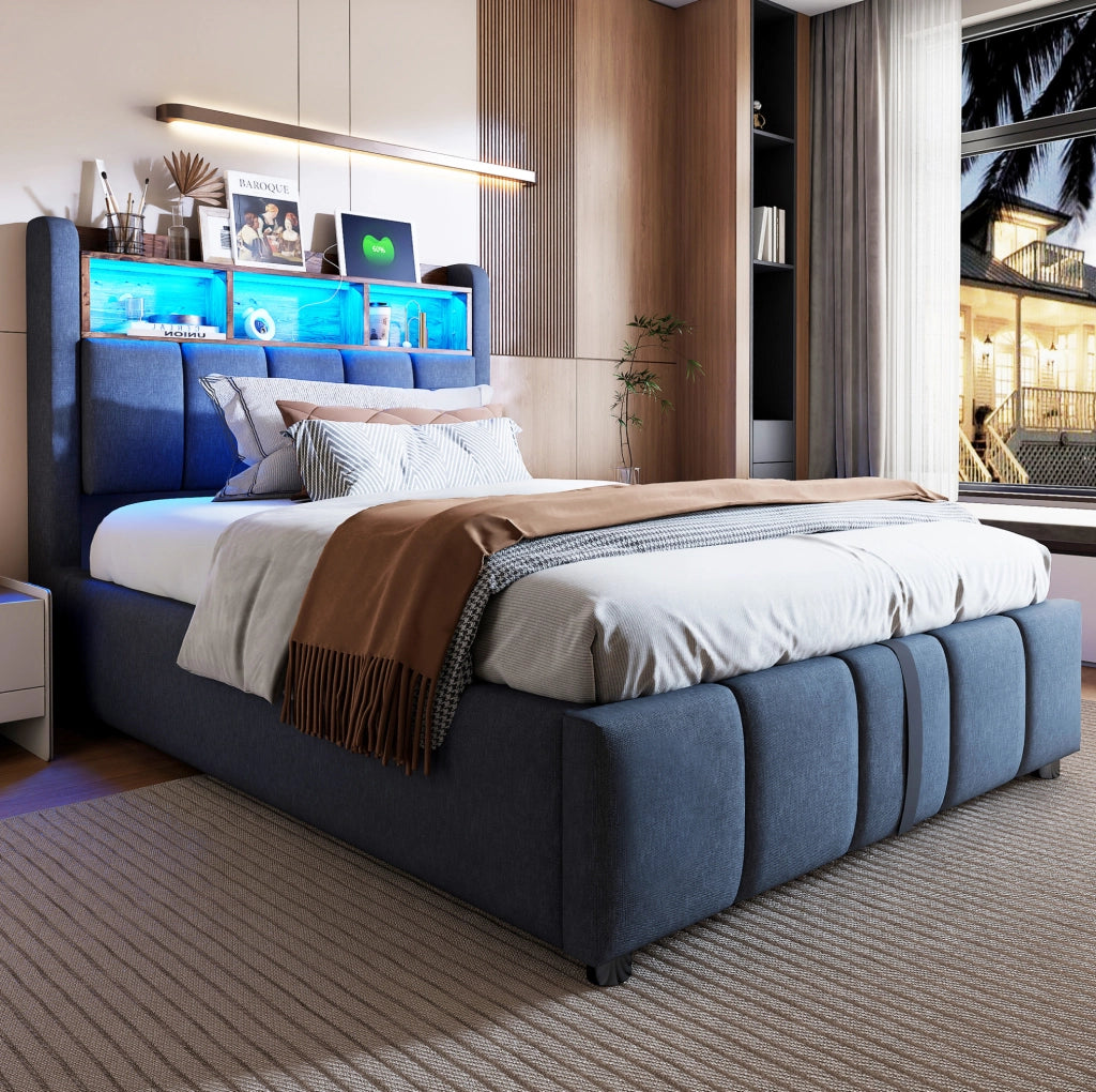 Letto imbottito 90x200 cm con contenitore; LED e porte USB e Type-C in lino grigio