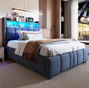 Letto imbottito 90x200 cm con contenitore; LED e porte USB e Type-C in lino grigio