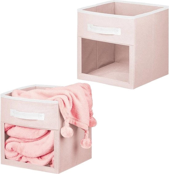 Set di 2 scatole di archiviazione per giocattoli o abbigliamento, scatola cubica di tessuto con maniglia e vetrino, cassetta di giocattoli pieghevole di tessuto, luce rosa e bianco