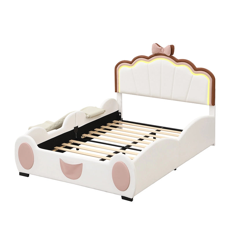Letto bambino 140x200 cm a forma di farfalla con LED cambiacolore; PU rosa bianco
