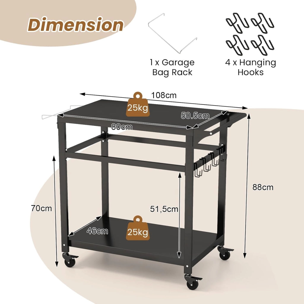 Carrello Barbecue con Ruote in Metallo, Carrello per Grigliare con Tavolo da Lavoro, 2 Ripiani e Ganci, Carrello da Pranzo per BBQ per Esterni, Nero