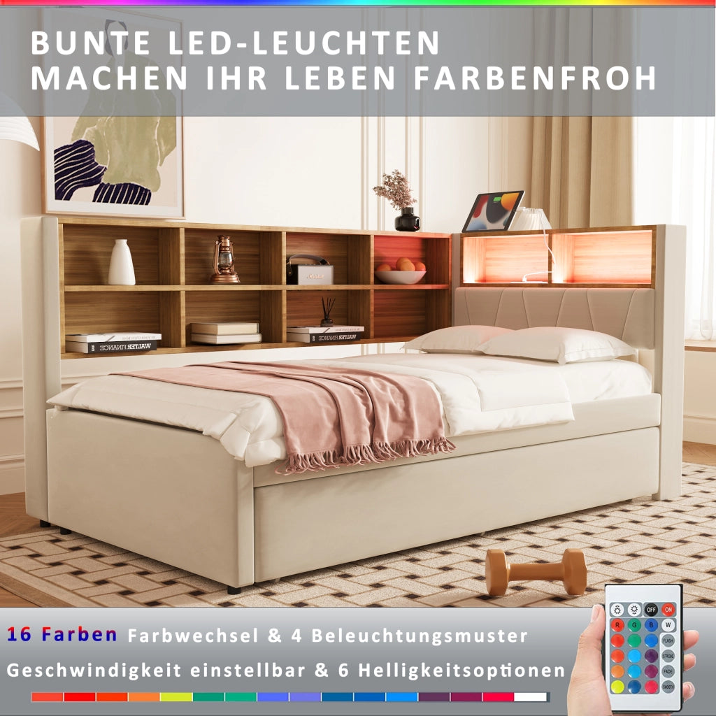 Letto estraibile singolo 90×200 cm e 90×190 cm con LED; USB; porta Type-C e contenitori; senza materasso; beige