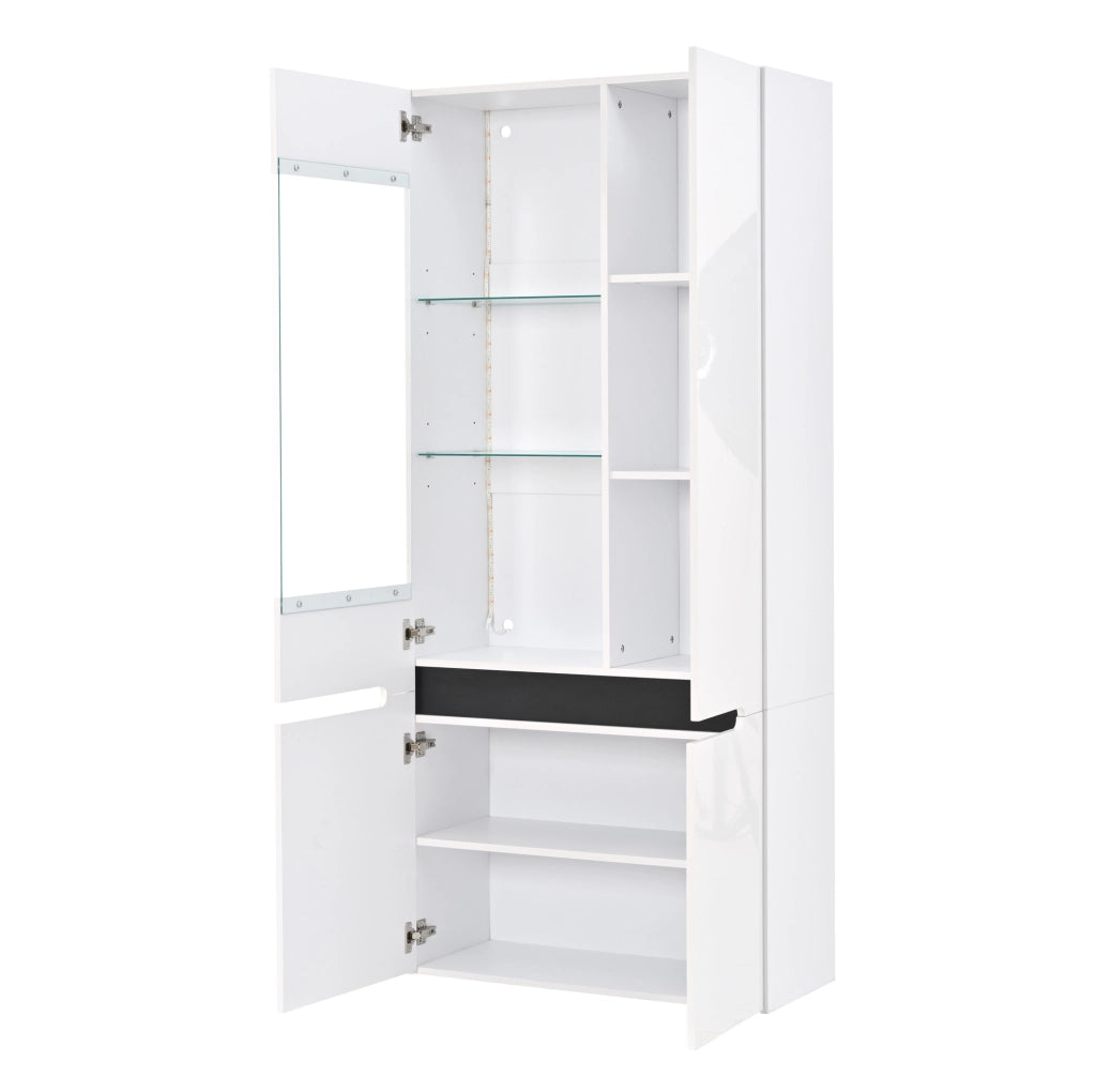 Vetrina verticale 80x35x180 cm con 4 ante; LED Bluetooth e ripiani in vetro regolabili; MDF bianco