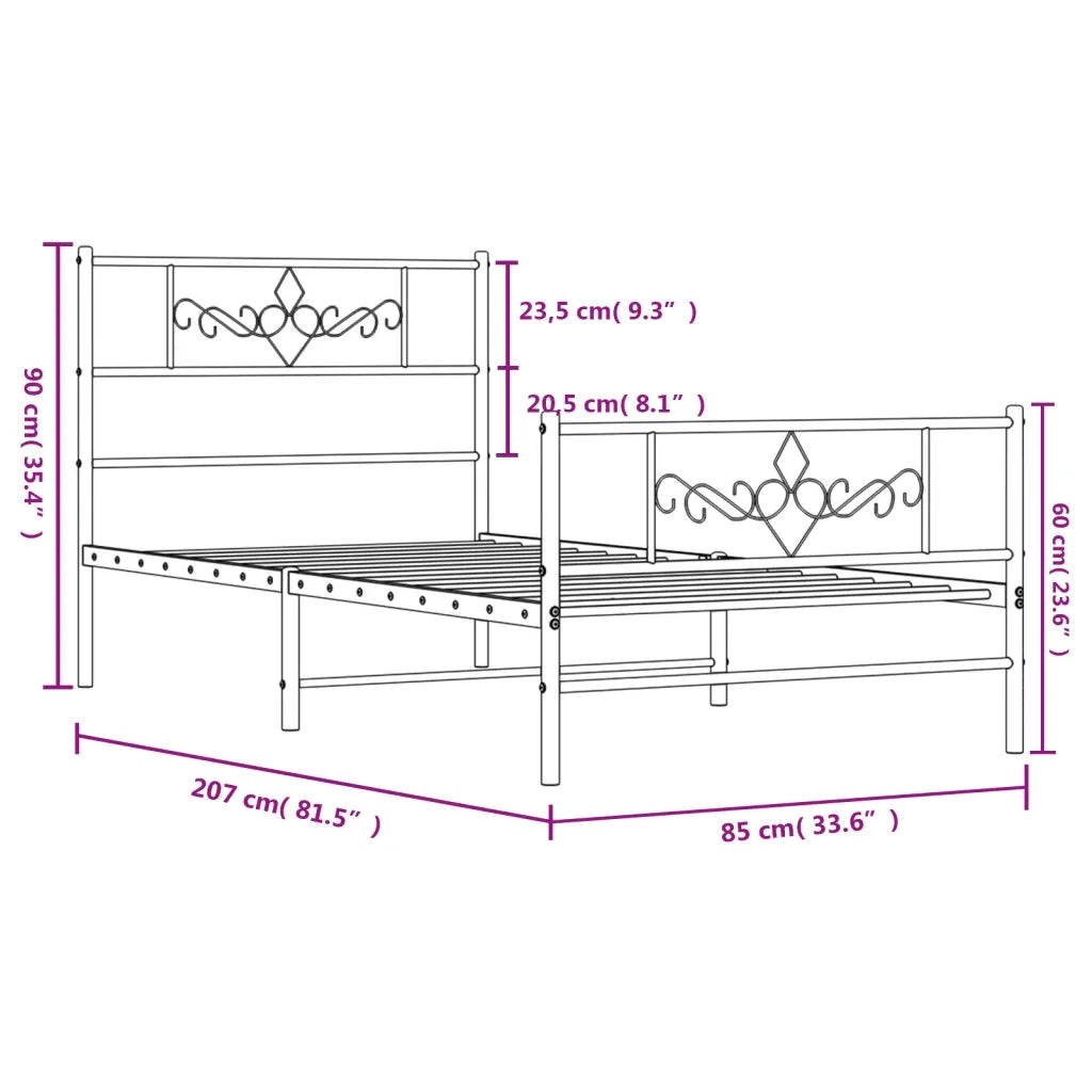 Letto singolo | Letto per adulti | Giroletto con Testiera e Pediera Metallo Nero 80x200 cm