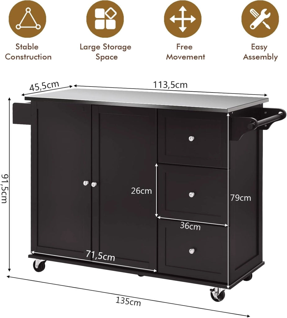 Isola da cucina mobile con piano di lavoro in acciaio inox, carrello da cucina con 3 cassetti e portasciugamani e ripiano regolabile, armadio da cucina su ruote, trolley da cucina 135 x 45,5