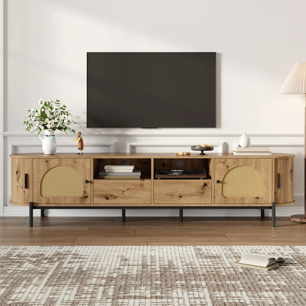Mobile TV Ovale con Ante Scorrevoli e Cassetti in Legno ¨C Xylo ¨C Rattan, Gambe in Metallo