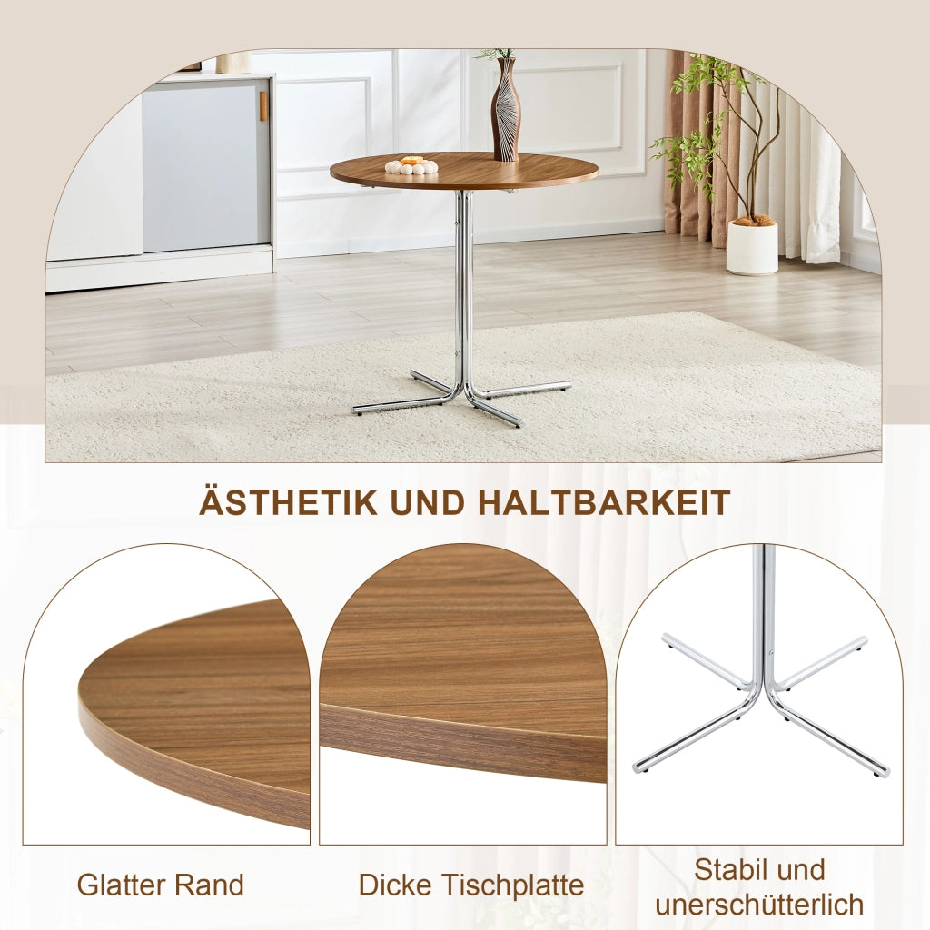 Tavolino basso rotondo con piano in MDF effetto noce e struttura in metallo cromato per soggiorno ufficio balcone