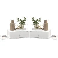 Set Di 2 Comodini Da Parete - Set Di 2 Comodini Da Notte - Ripiano Laterale E Cassetto - 55l x 30P x 15H cm Bianco In Pannello Di Particelle