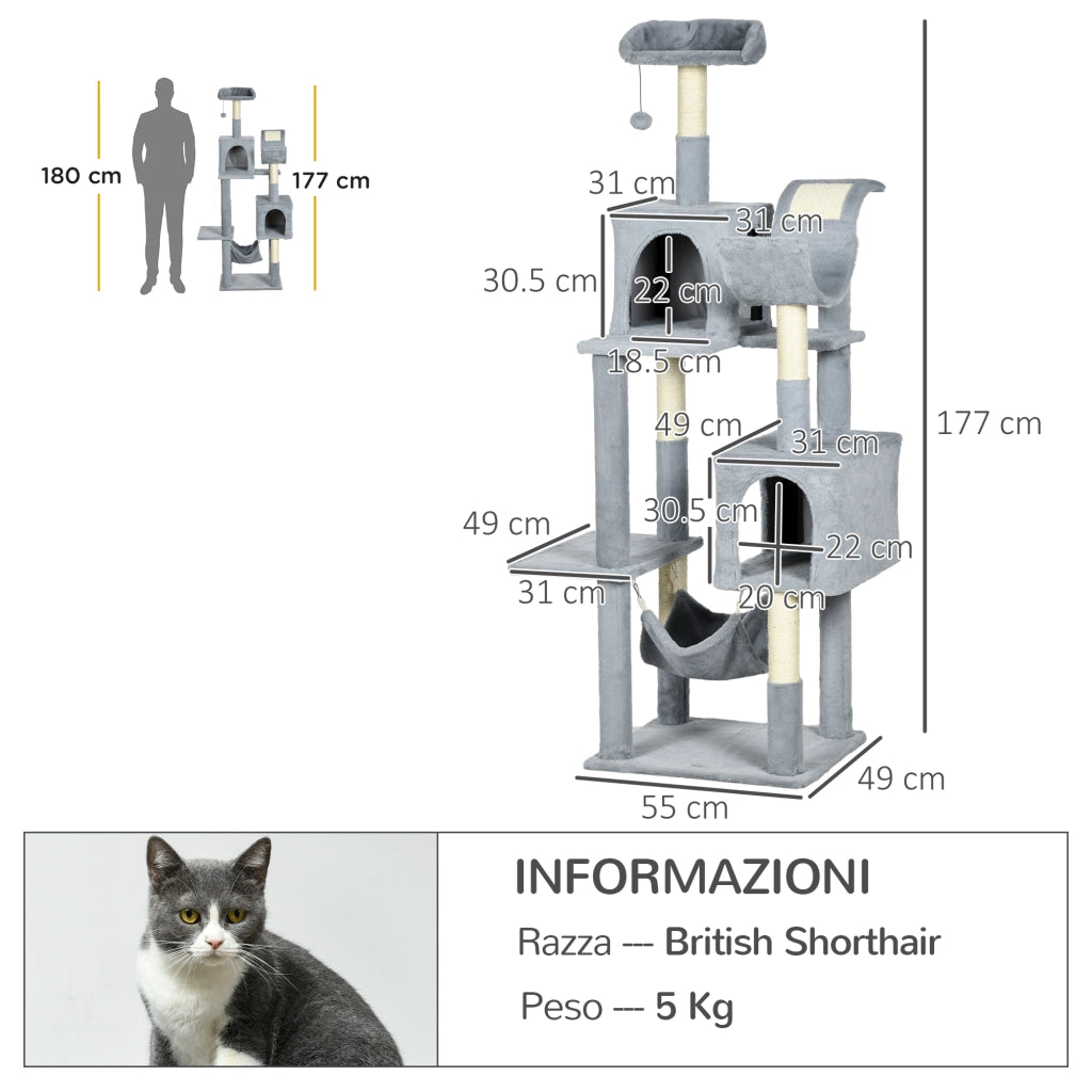 EasyComfort Albero per Gatti con Amaca, Lettino e 2 Casette, in Truciolato e Peluche, 55x49x177 cm, Grigio e Bianco