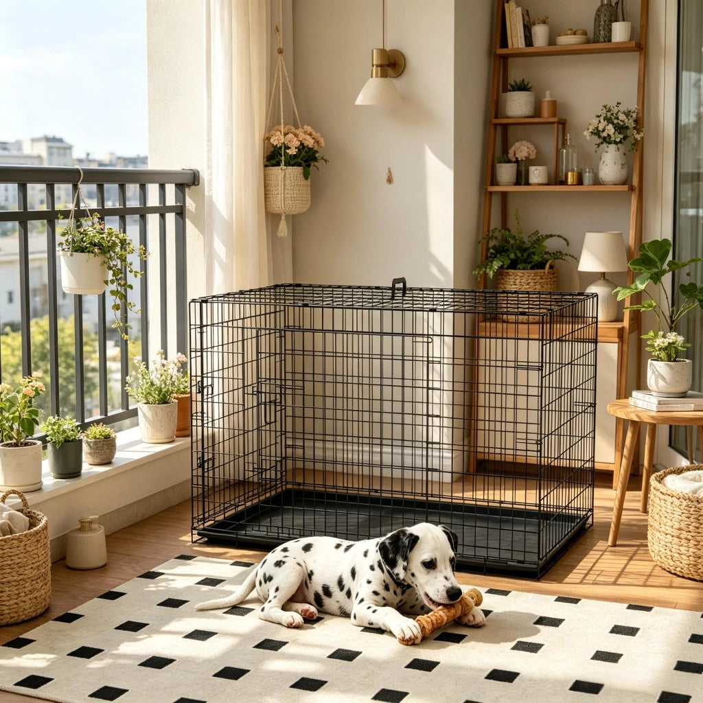 Gabbia per cani pieghevole con due porte bloccabili e vassoio estraibile in plastica e acciaio nero 121 × 77 × 82 cm