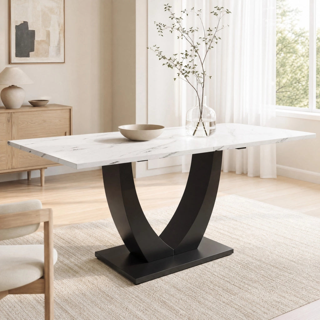 Tavolo da pranzo rettangolare moderno con piano effetto marmo in MDF e metallo bianco e nero 140 × 75 × 75,5 cm