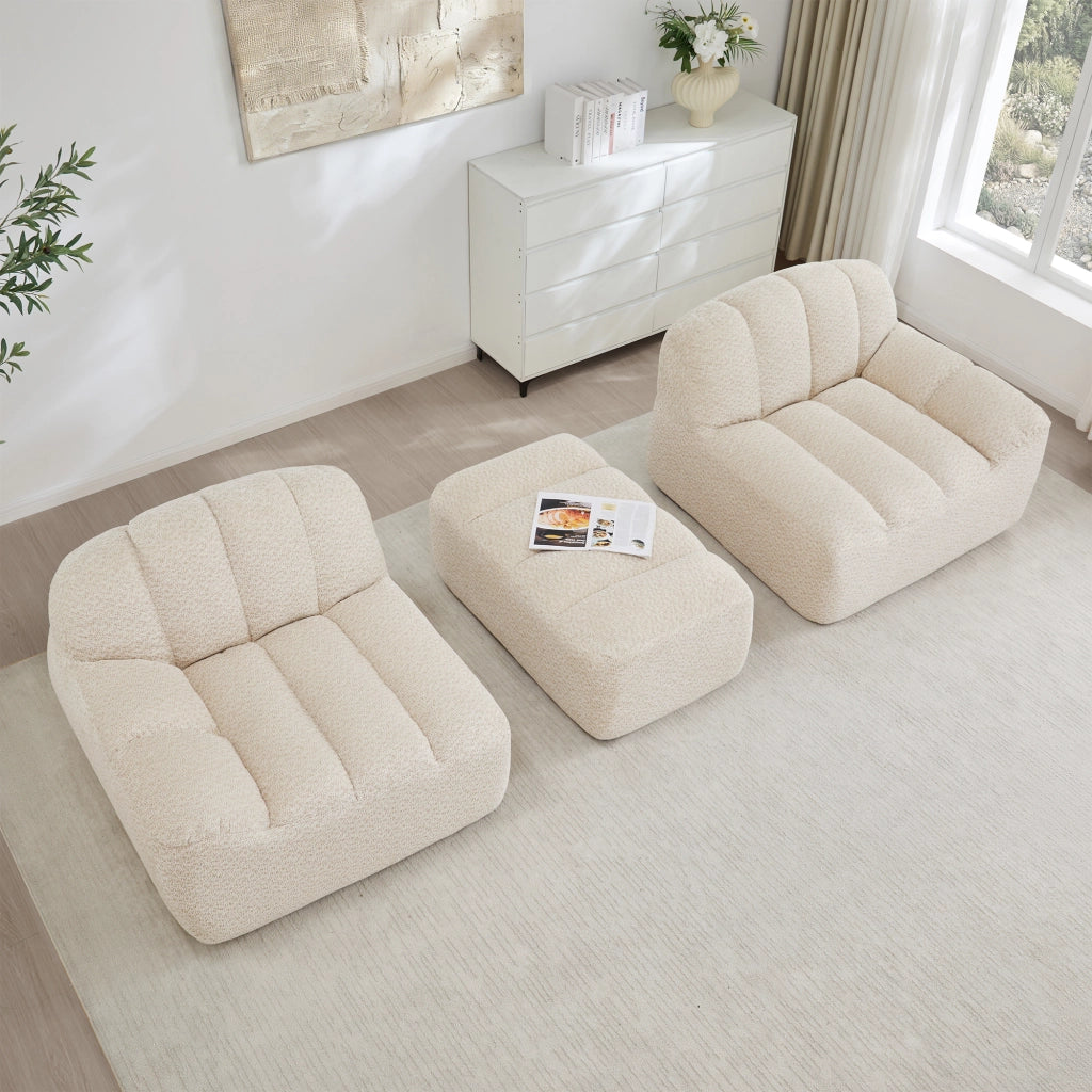 Divano angolare modulare senza struttura con pouf, seduta profonda in fleece beige bianco 210 × 165 × 79 cm