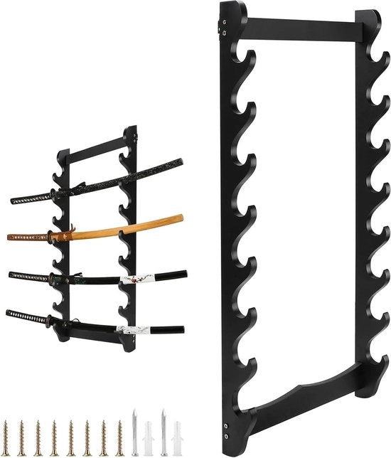 Supporto alla Parete Nero Legno Katana Sostegno - 8 Passaggi - 75x32 cm - Sostegno per Lancio e Spade - Sistema di Sospensione Stilizzato