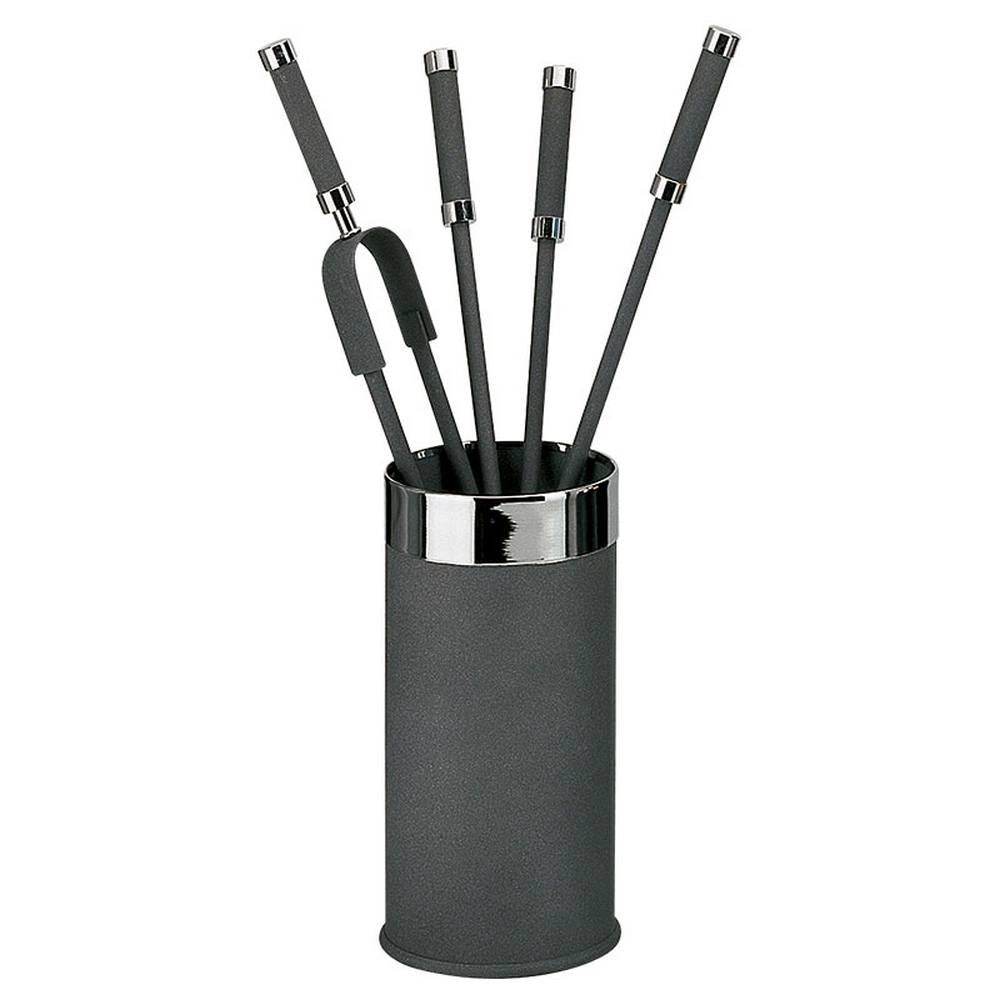 Porta attrezzi camino tondo acciaio antracite finiture cromo 4 accessori h.60 d. 16 cm. Made in Italy