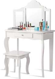 2-in-1 Toeletta Trucco Bambina, Tavolo da Trucco per Bambini con 3 Specchio e Sgabello, Postazione Trucco con 1 Cassetto, 3-7 Anni (Bianco)