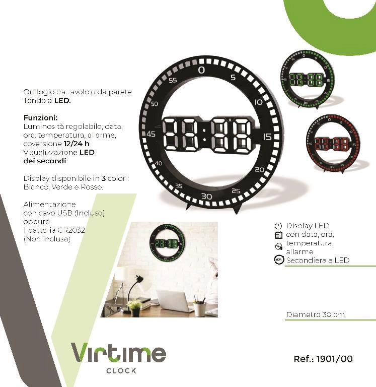 1 Pezzo Orologio da Parete con Led Data Temperatura e Sveglia 30 cm 3 Colori