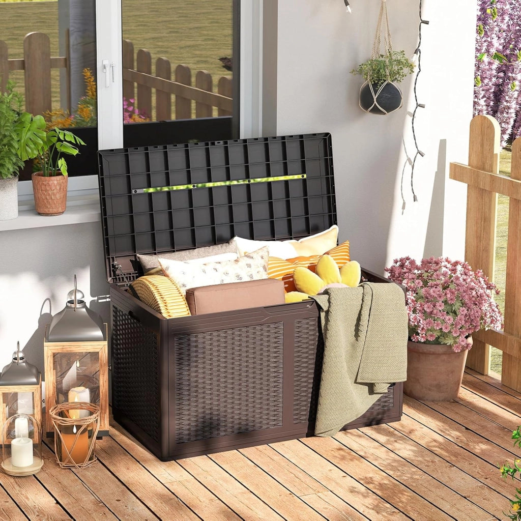 Scatola da giardino da 380 l, impermeabile, con coperchio e 2 ruote, per balcone, terrazza e cortile, 111 x 56 x 61 cm (marrone)