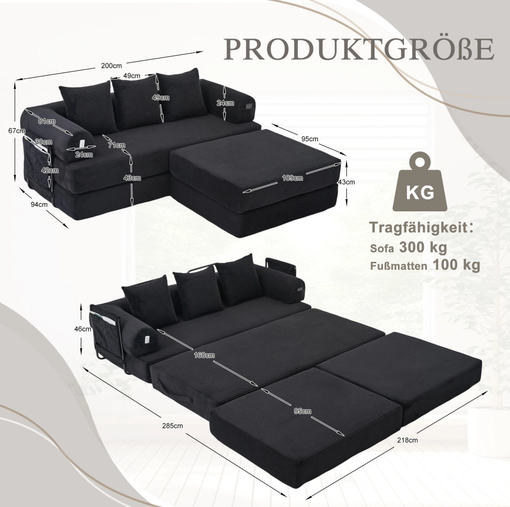 Divano modulare in velluto a coste con pouf nero
