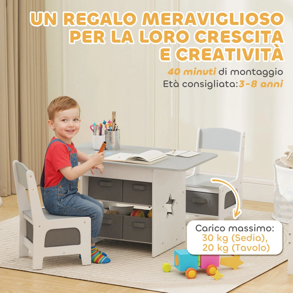 Set Tavolo e Sedie Bambini con 6 Cassetti ¨C zephmum ¨C Legno e Tessuto Grigio Bianco