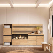 Scarpiera, 274x35x145cm, Camera da letto, Camino elettrico XXL, Cassettiera, Pannelli Decorativi, colore Rovere RF3566