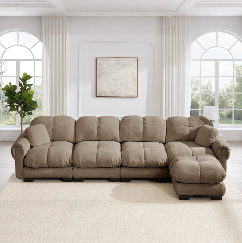 Divano angolare modulare a L 4 posti con pouf mobile 330x149x90 cm in ciniglia marrone