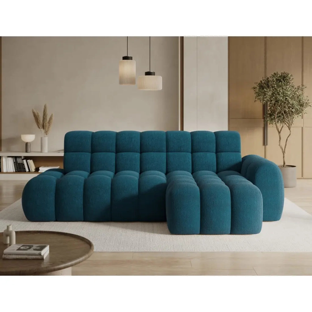 Divano angolare convertibile BULLA 3 posti blu angolo destro - tessuto bouclé con estensione della seduta elettrica