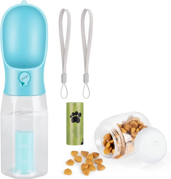 Fiaschetta per cani, 600 ml, multifunzionale, fiaschetta portatile per cani con contenitore per cibo per cani 100 g e sacchetto per rifiuti per cuccioli e gatti, escursioni all'aperto, borracce per acqua impermeabili (blu)