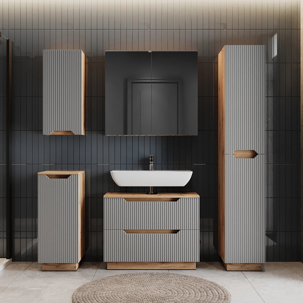 Vicco Set di mobili da bagno Rovere/grigio a righe 4 parti