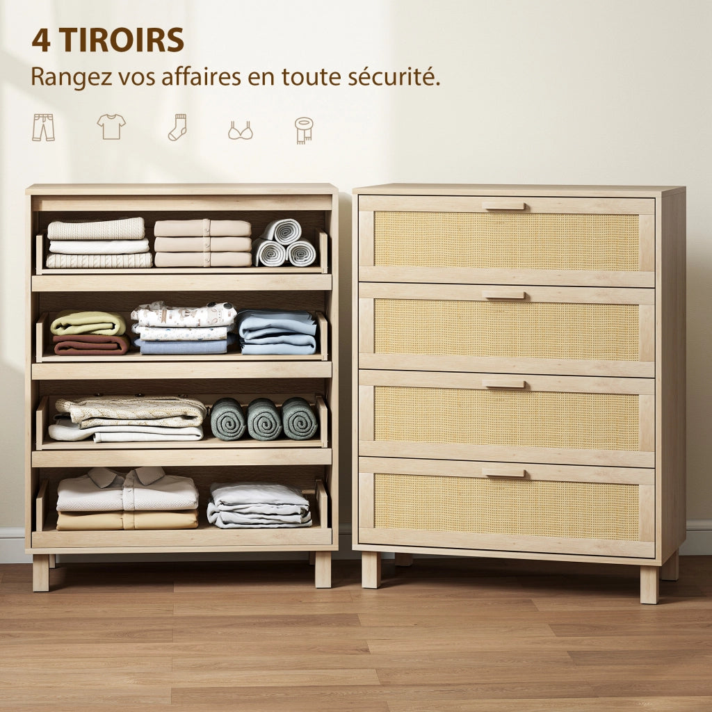 Cassettiera 4 cassetti con cannage in rotin ¨C Xylo ¨C 80x40x103 cm legno chiaro MDF
