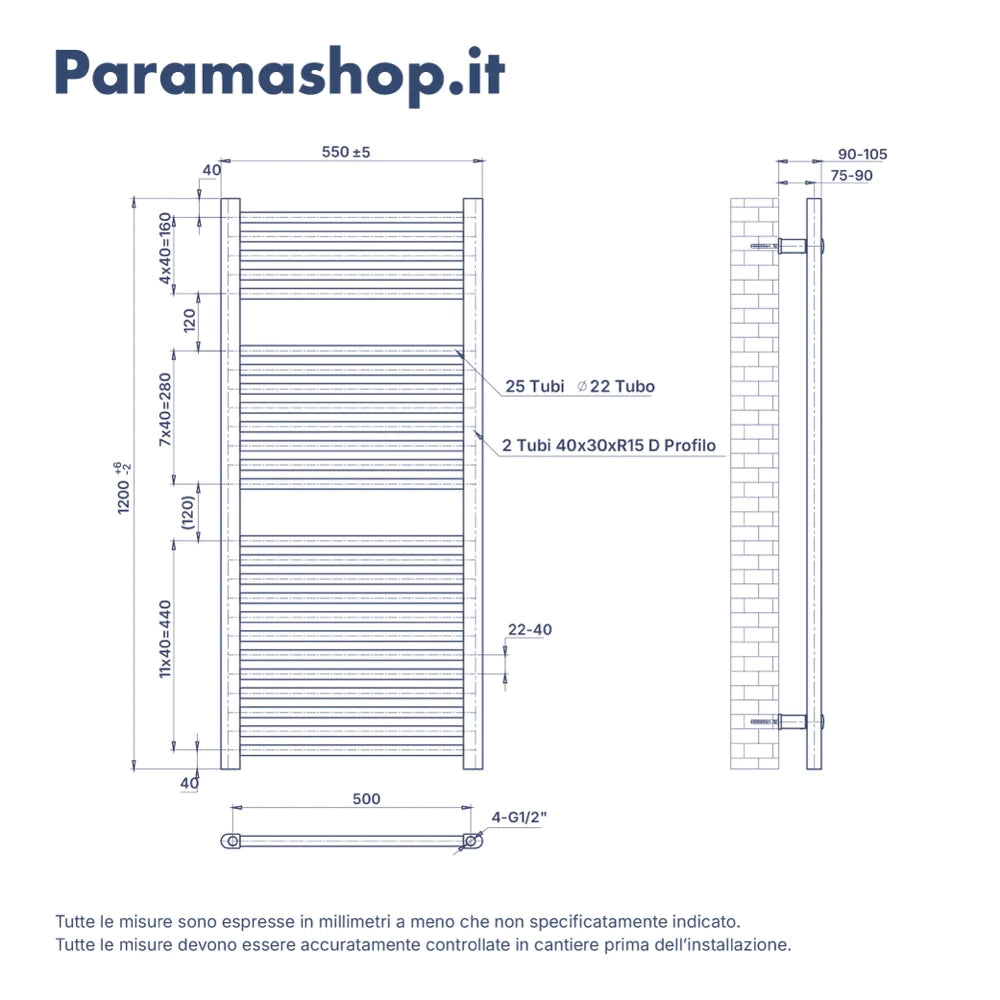 Termoarredo idraulico 1200x550 antracite interasse 500 | Polaris