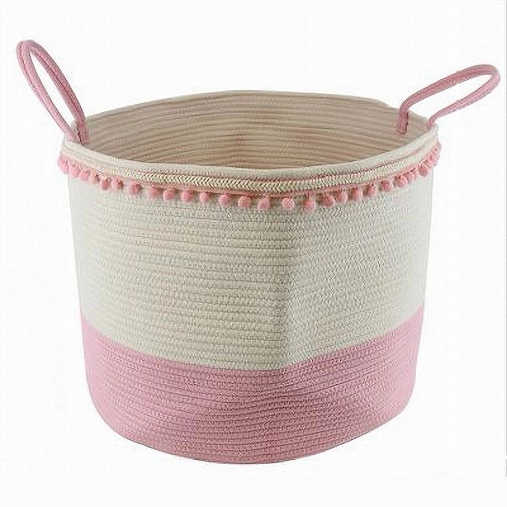 Trade Shop - Cesto Portaoggetti Per Biancheria In Corda Pon Pon Rosa Con Manici 50x35cm 10669 -