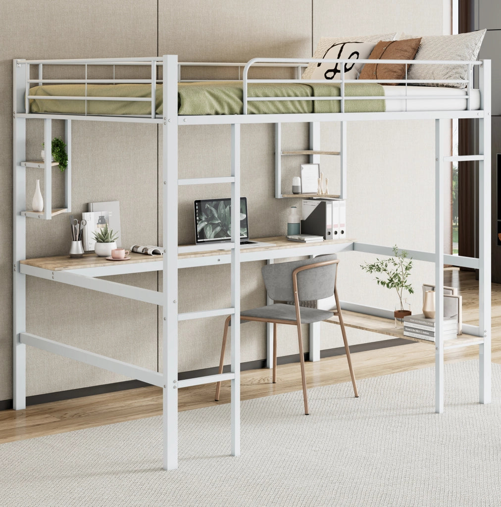 Letto a soppalco in metallo bianco 140x200 cm con scrivania e scaffali integrati