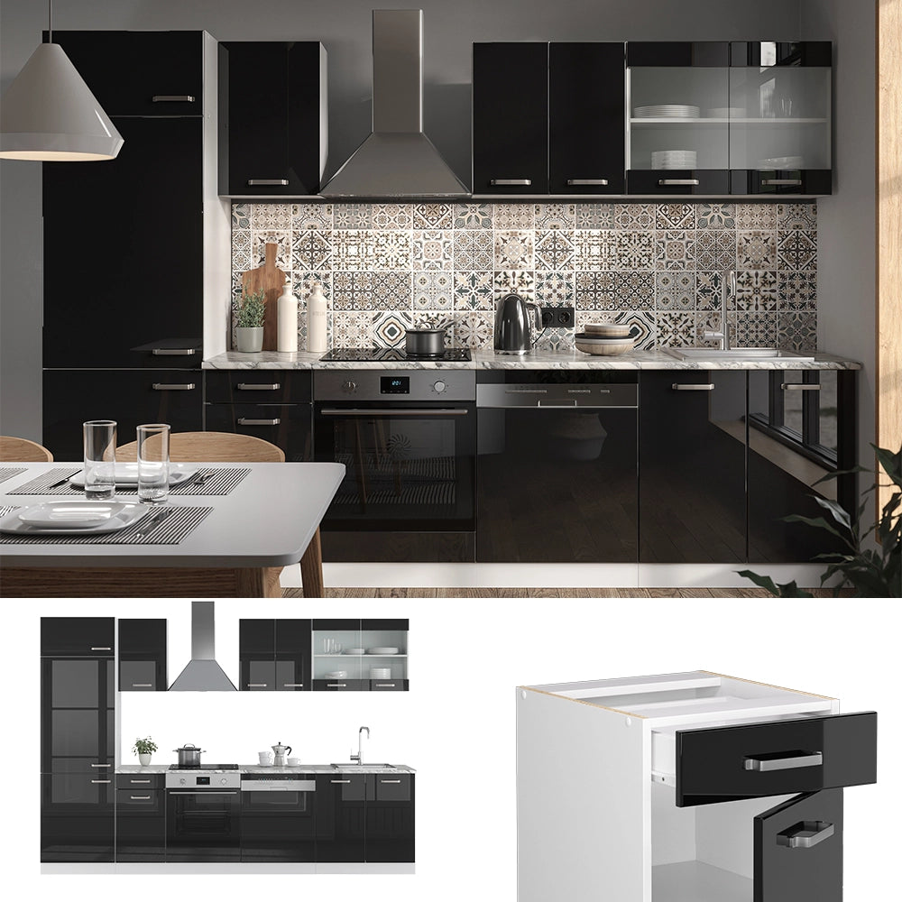 Vicco Cucina componibile Nero lucido/bianco 300 cm senza piano di lavoro