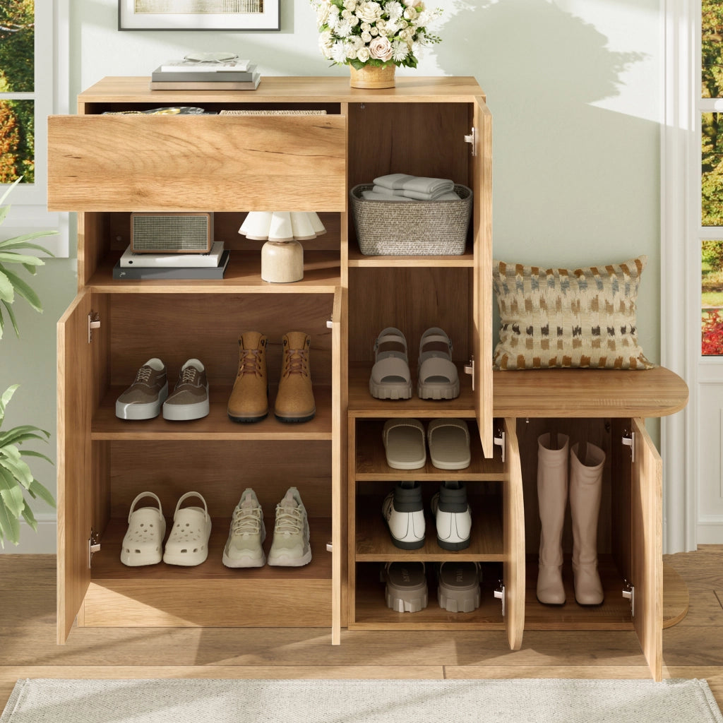 Mobile scarpiera con panca, 1 cassetto, 5 ante e vano aperto per ingresso, in MDF, naturale, 130 × 35 × 110,5 cm